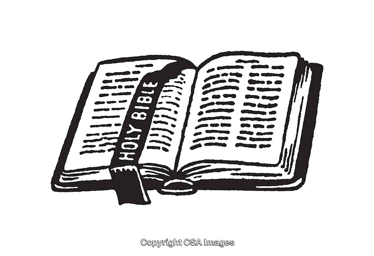 Black and White Line Art Illustration of an Open Holy Bible