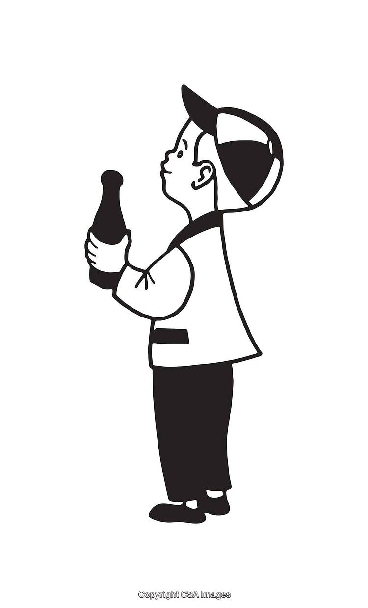 Black and White Line Art of a Boy Holding a Soda Bottle