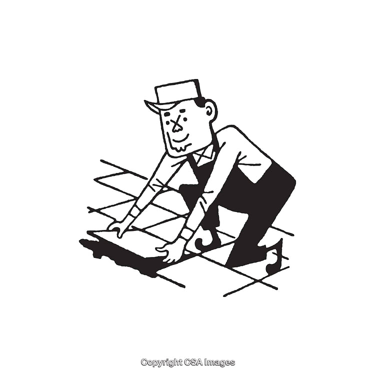 Black and White Illustration of Worker Tiling a Floor Surface