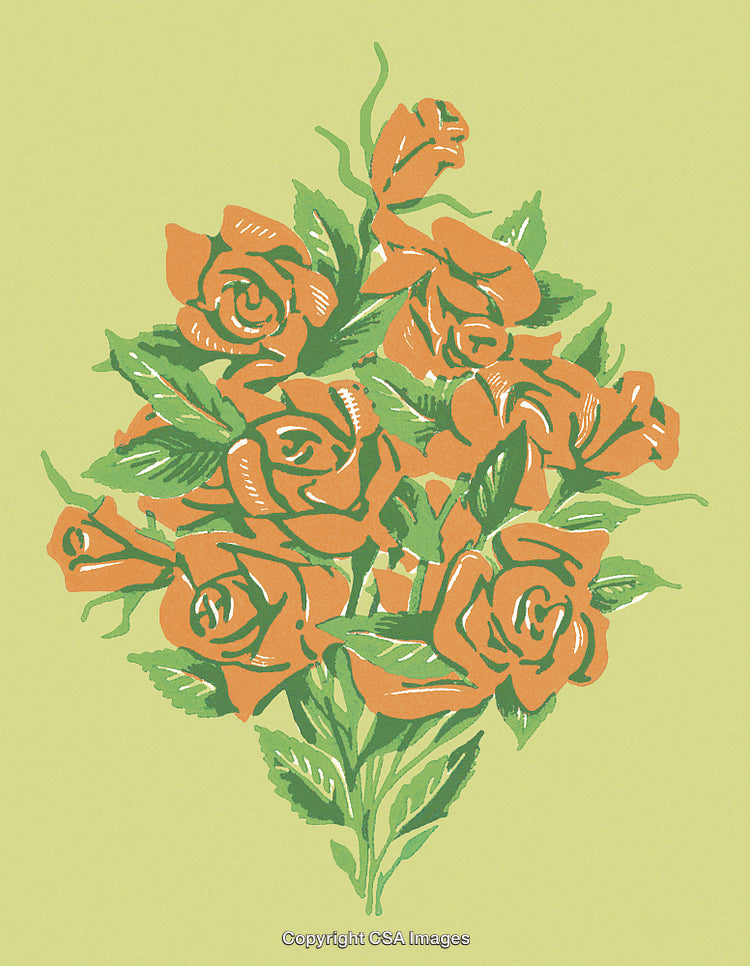 Vibrant Floral Illustration of Orange Roses with Green Leaves on a Light Background