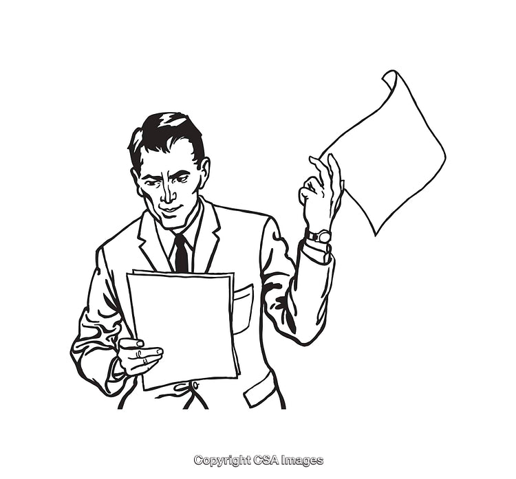 Black and White Illustration of a Businessman Reviewing Documents