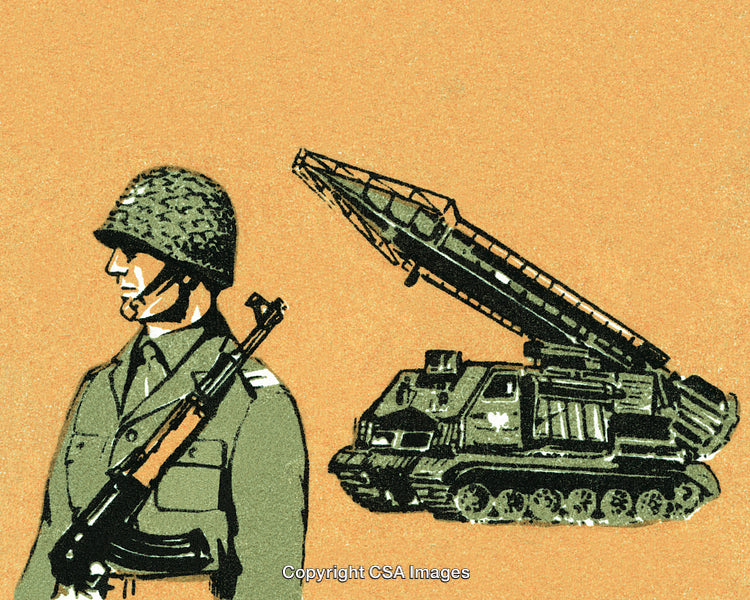 Vintage Illustration of a Soldier and Military Vehicle on a Textured Background