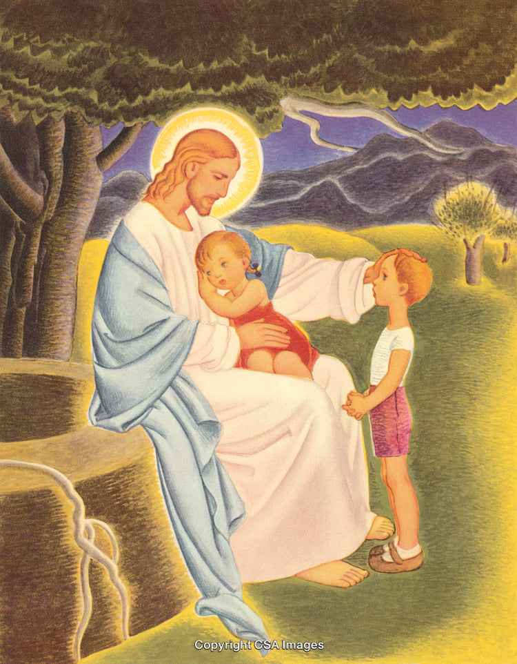 Serene Illustration of Jesus Comforting Children Under a Shaded Tree