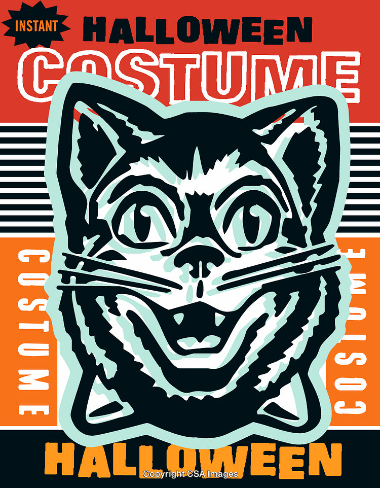 Retro Halloween Cat Costume Poster with Vibrant Colors and Bold Typography