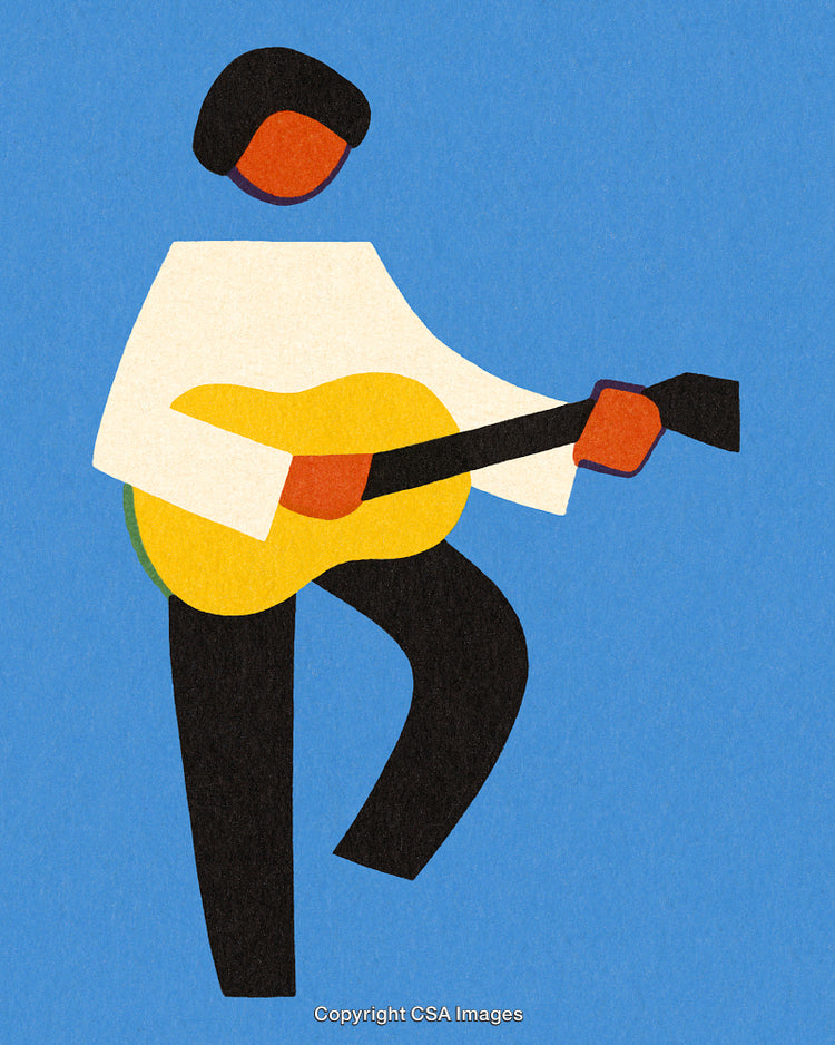 Abstract Illustration of a Person Playing a Guitar on a Blue Background