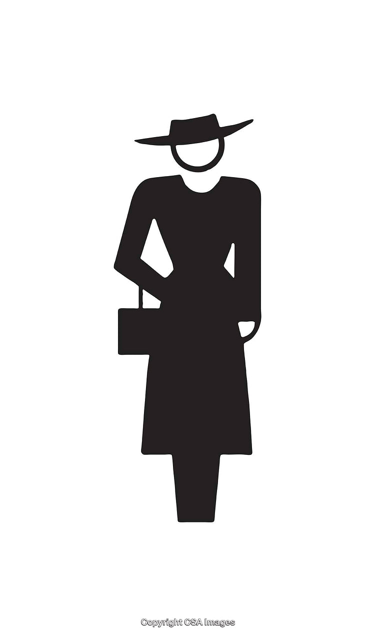 Silhouette Icon of a Woman with Hat and Bag in Black and White