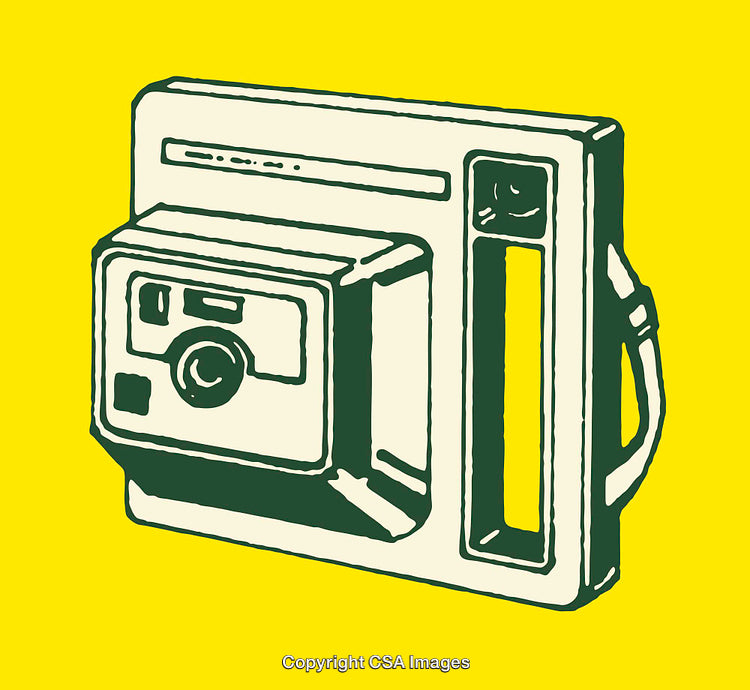 Vintage Line Art Illustration of a Retro Instant Camera on Yellow Background