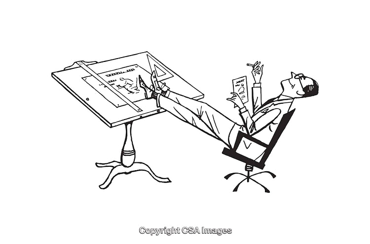 Black and White Line Art of a Relaxed Professional at a Desk