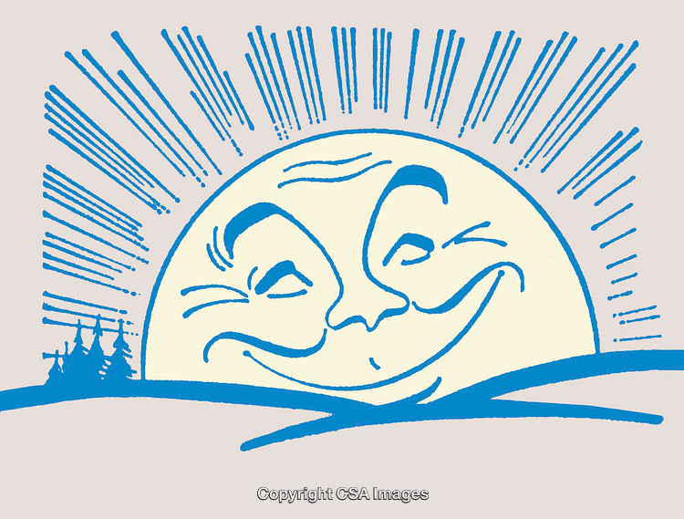 Smiling Sun Illustration With Radiating Lines and Forest Horizon