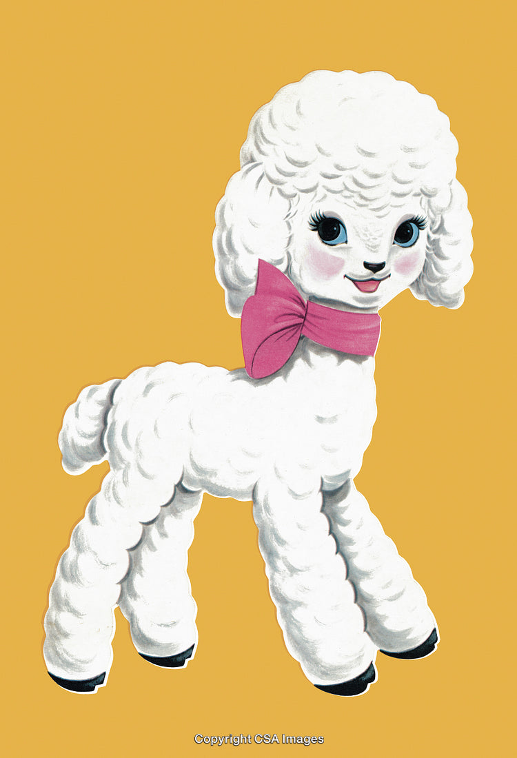 Adorable Cartoon Poodle with a Pink Ribbon on Yellow Background
