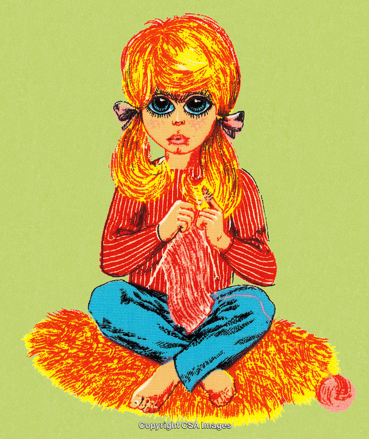 Illustration of a Girl Knitting While Sitting on a Colorful Rug