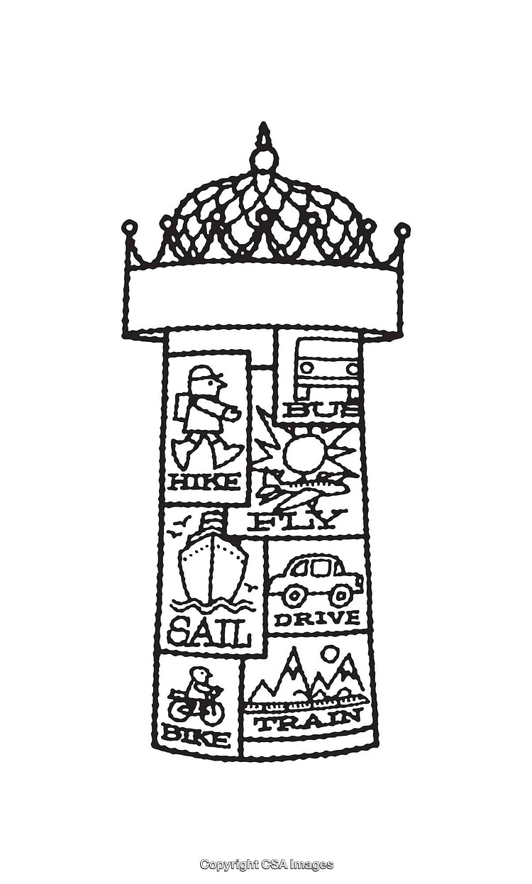 Black and White Line Art Depicting Various Means of Travel and Adventure