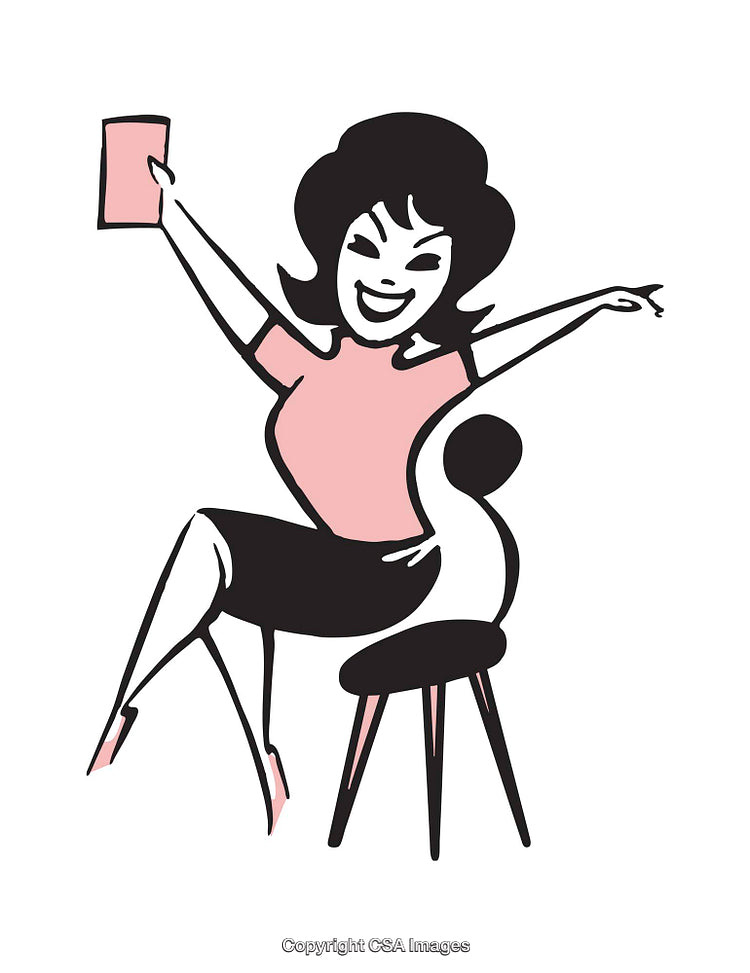Retro Styled Illustration of a Joyful Woman Holding a Smartphone