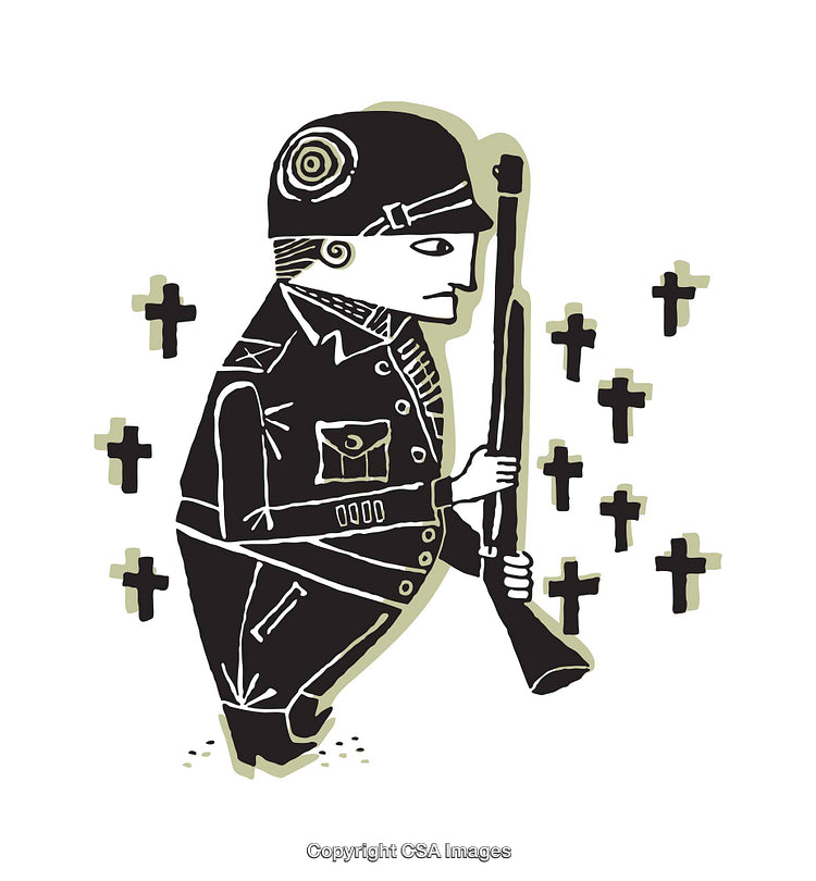 Stylized Illustration of Soldier Amid Crosses Depicting Sacrifice and Memories