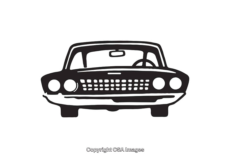 Black and White Line Art Illustration of a Classic Vintage Car Front View