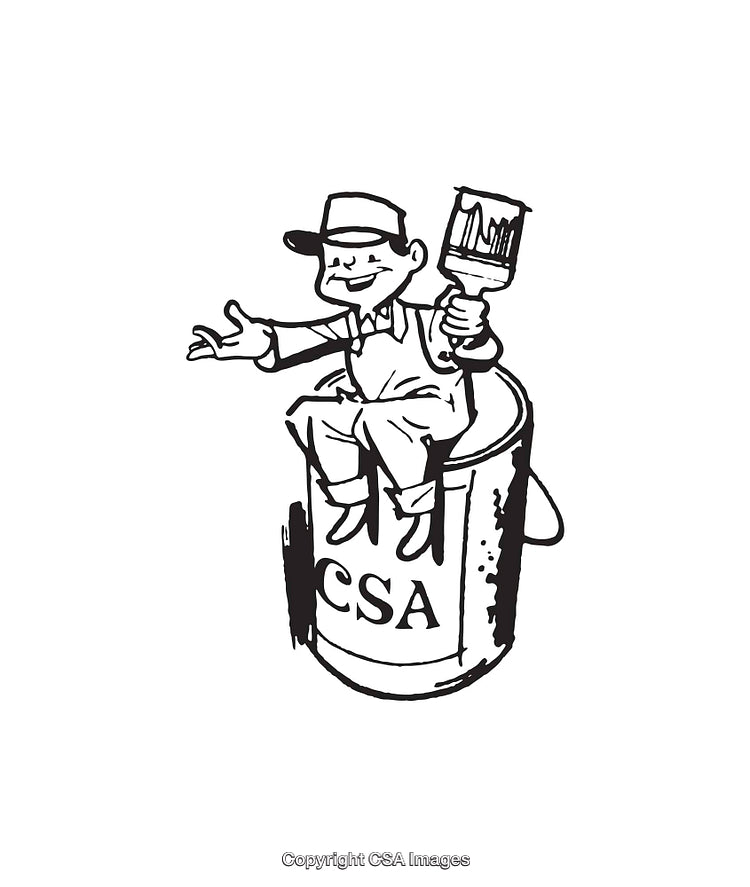 Black and White Line Art of Painter Sitting on Paint Can