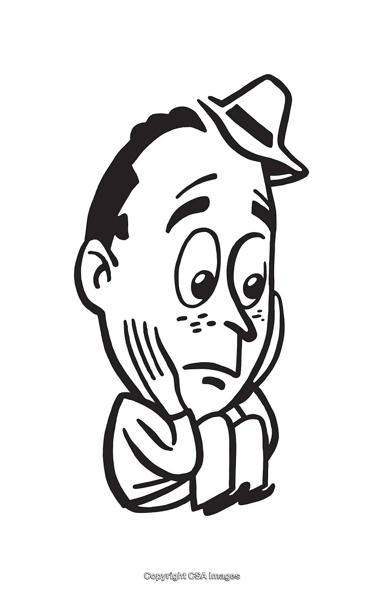 Black and White Illustration of a Worried Man Holding His Face