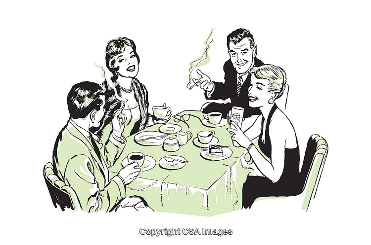Retro Style Illustration of Friends Enjoying a Casual Gathering at a Table