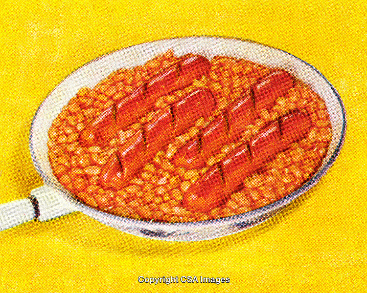 Vintage Style depiction of Sausages and Beans on Yellow Background
