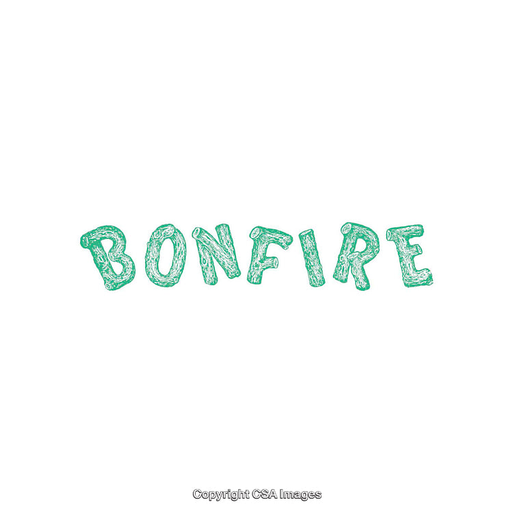 Bonfire Text Design in Green Hand-Drawn Log Letter Style on White