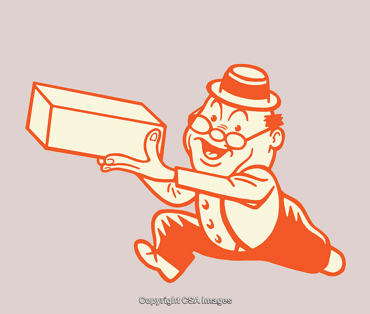 Vintage Style Line Drawing of Man Carrying a Box Smiling