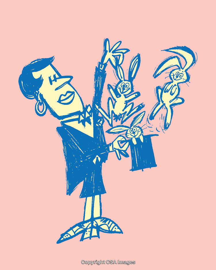 Illustration of a Magician Performing a Trick with Rabbits and a Hat