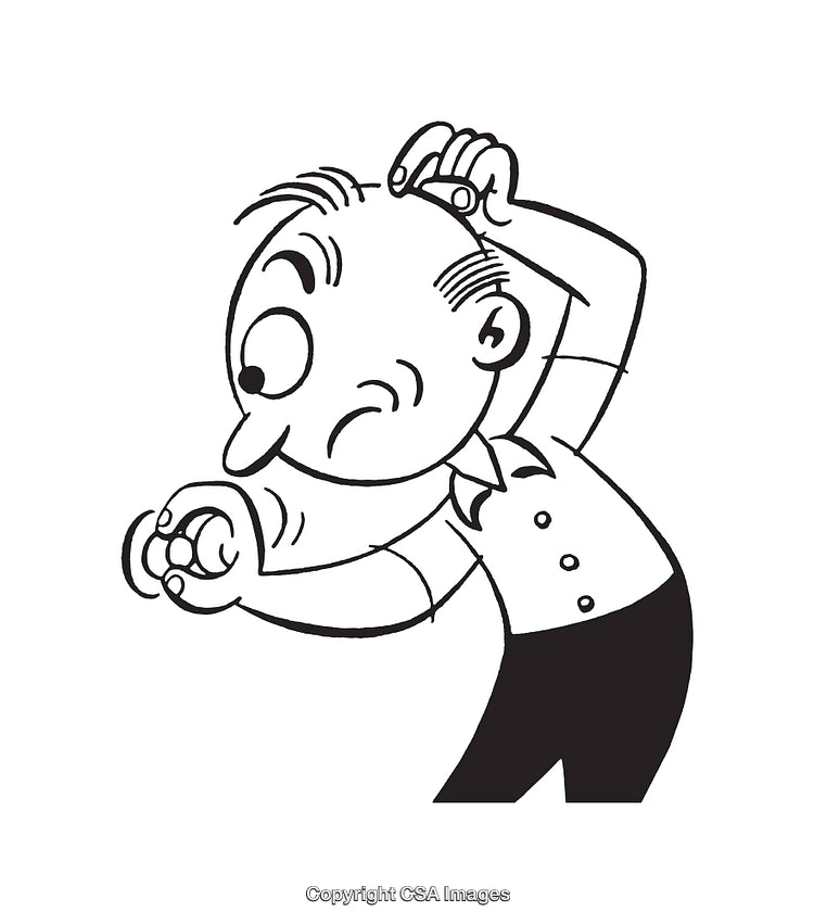 Cartoon Man Inspecting Object with Magnifying Glass in Line Art Style
