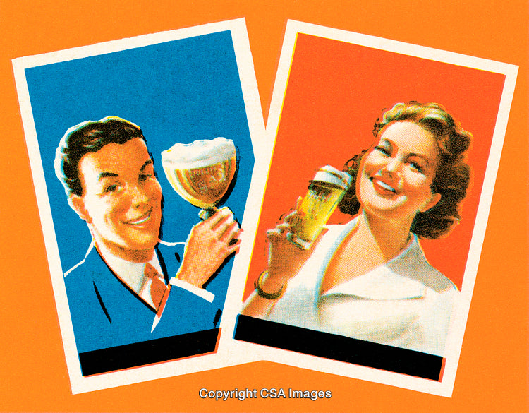 Retro Illustration of Smiling Man and Woman with Beer Glasses