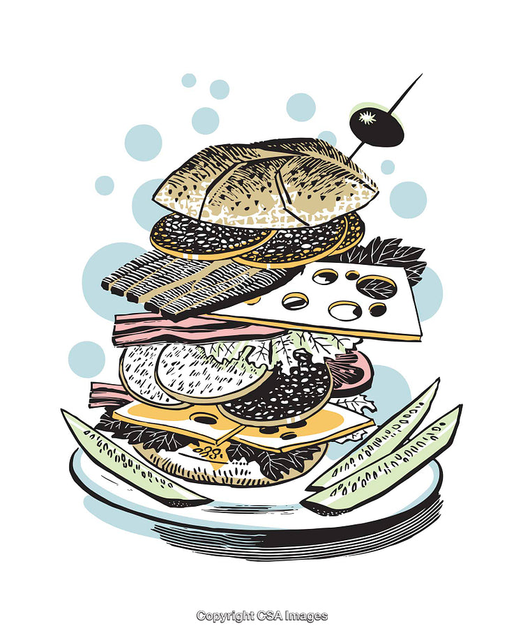 Illustrated Gourmet Sandwich with Layers of Tasty Ingredients and Rustic Charm