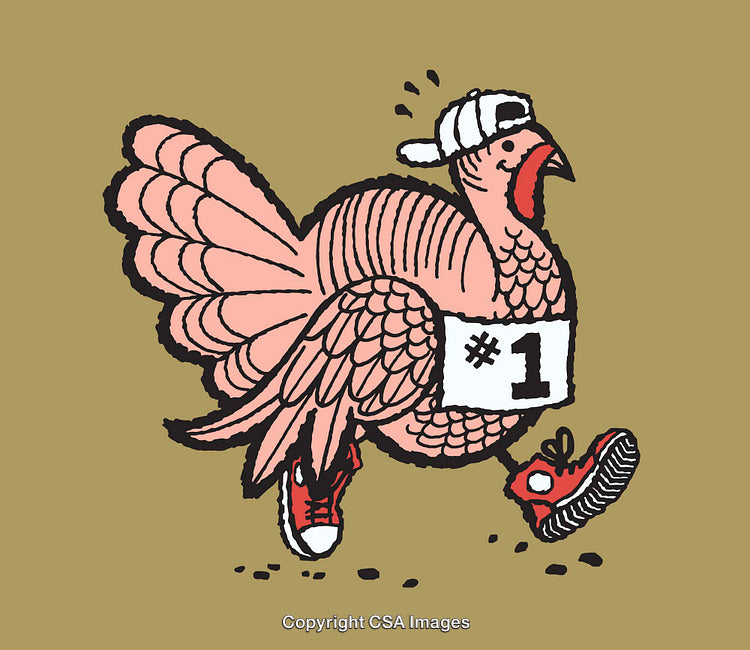 Illustration of a Racing Turkey in Sneakers and Baseball Hat