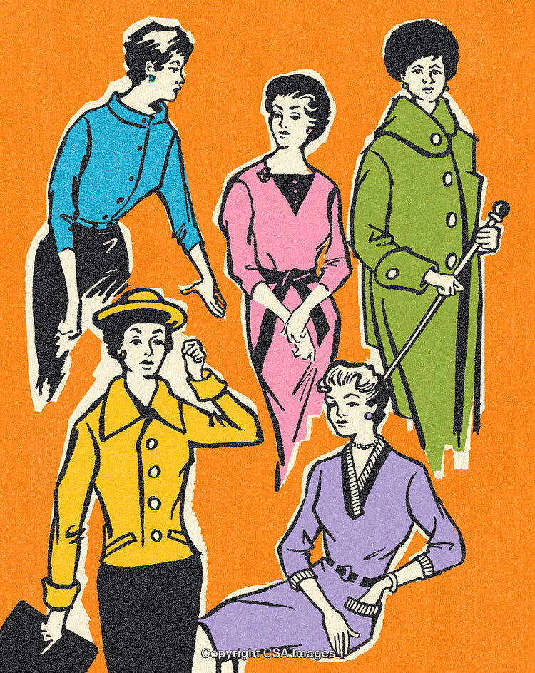 Group of Women in Vintage Inspired Colorful Fashion Illustration Design