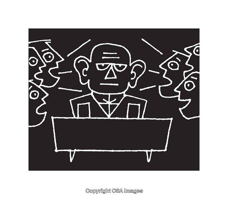 Businessman Surrounded by Speaking Crowd in Black and White Line Drawing