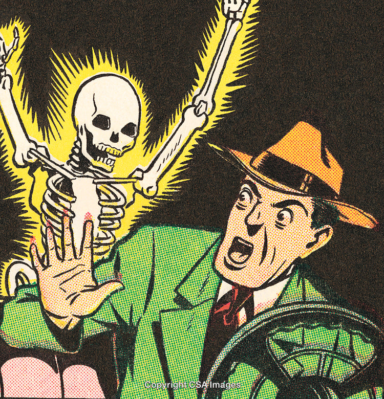 Vintage Comic Style Illustration of Mysterious Skeleton in Car Scene