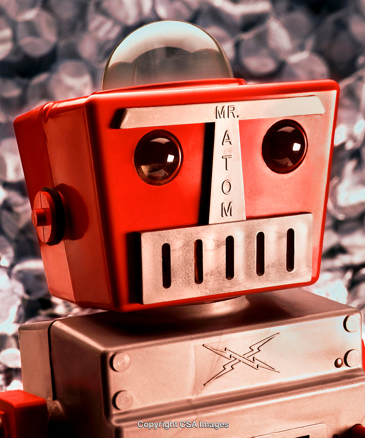 Close-Up of a Vintage Retro Robot Toy with Red and Silver Details
