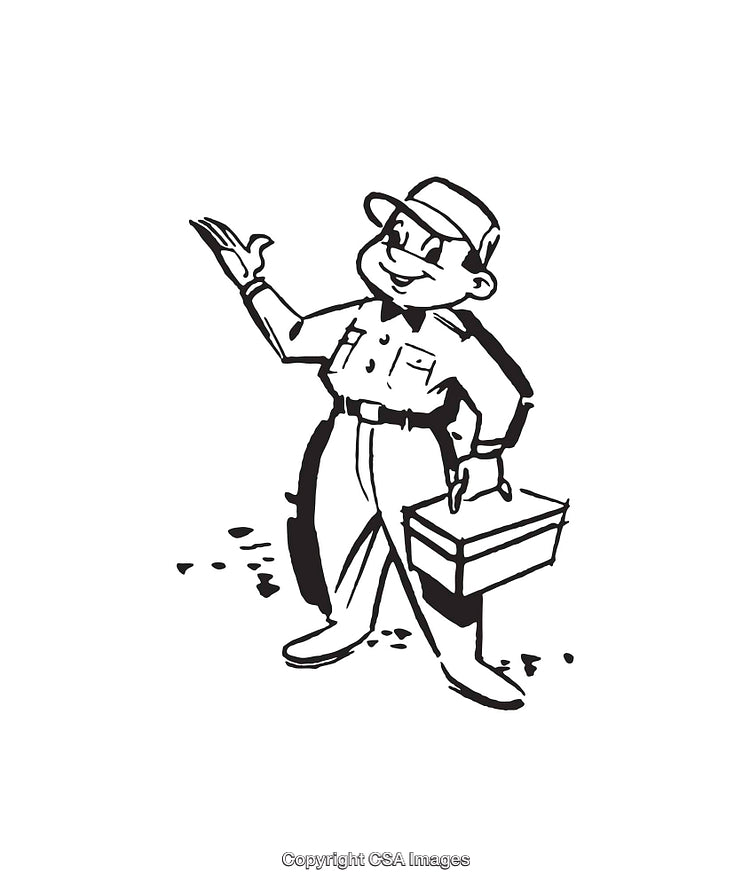 Black and White Illustration of a Worker with Toolbox and Cap