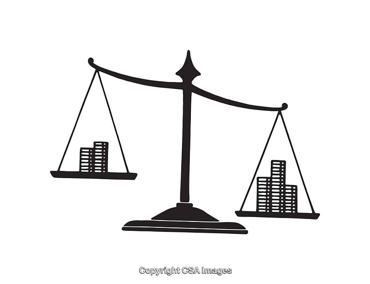 Black and White Line Art of Scales Balancing Coin Stacks
