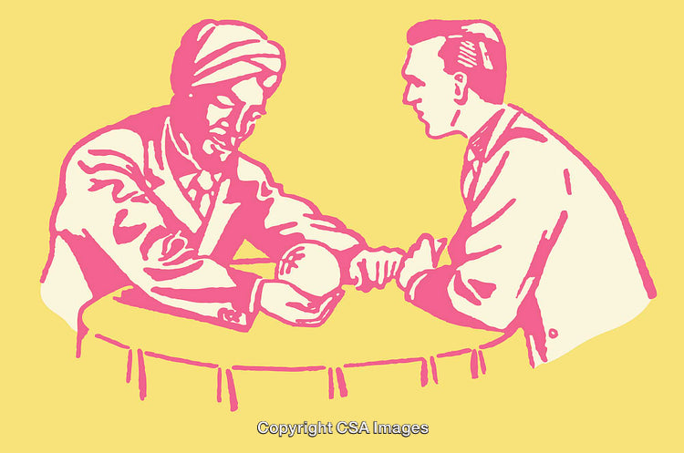 Two Individuals Engaged in a Mysterious Handshake Illustrated in Color Line Art