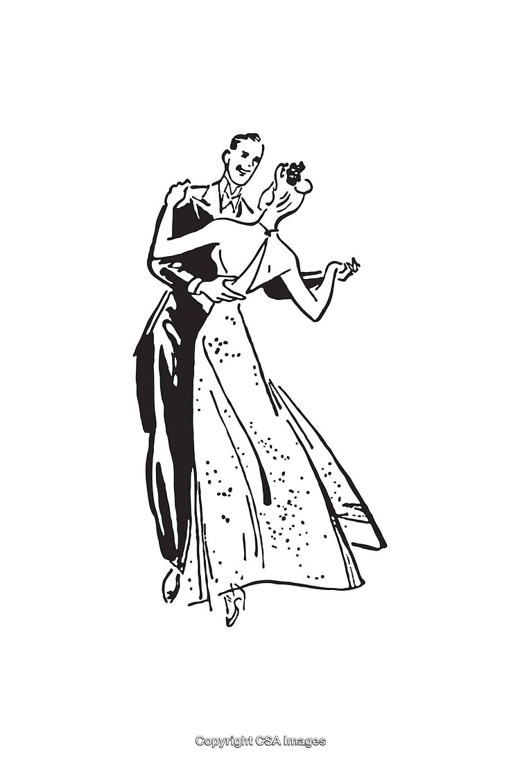 Elegant Couple Dancing in a Black and White Line Art Illustration