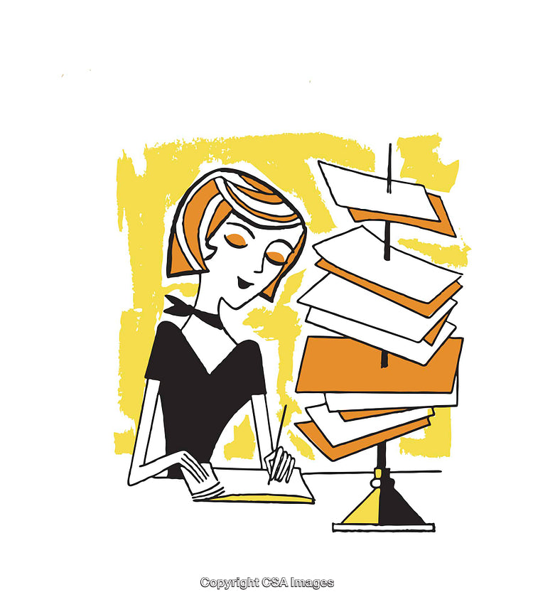 Illustration of Woman Writing Beside Organized File Stack with Yellow Accent