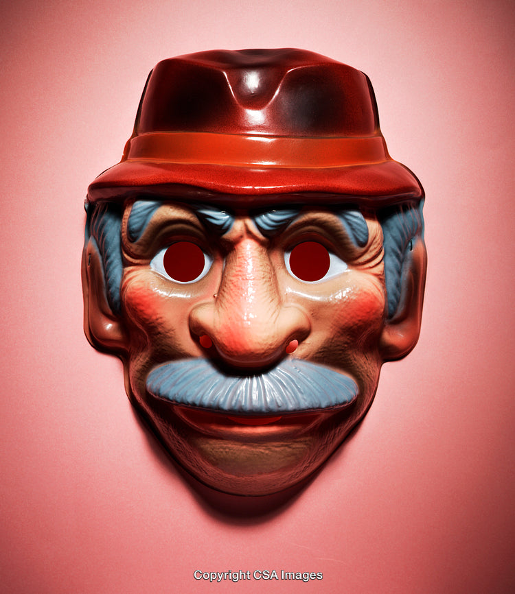 Vintage Plastic Face Mask with Red Hat on Pastel Background