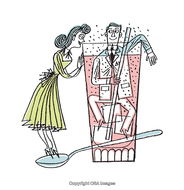Quirky Illustration of a Woman Interacting with a Man in a Glass