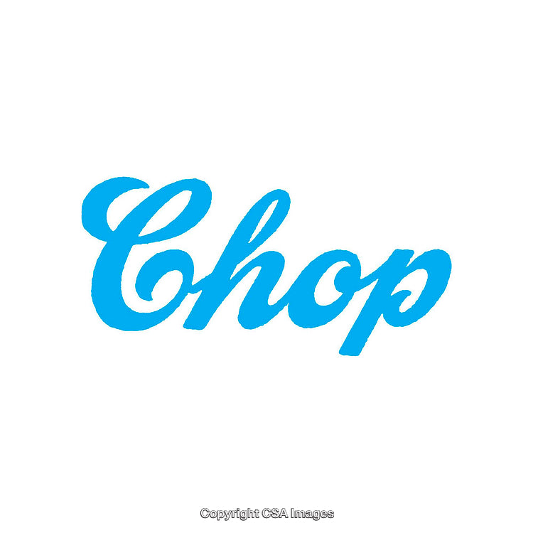 Stylized Blue Script Font Depicting the Word 'Chop' on White Background