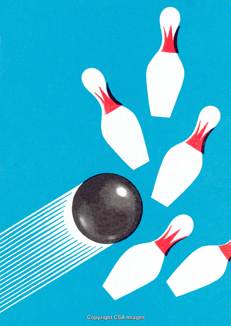 Stylized Illustration of Bowling Ball Striking Pins in Motion