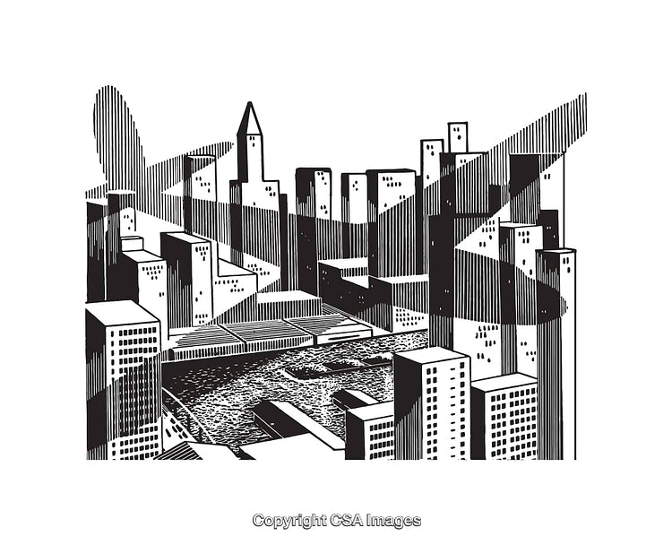 Black and White Line Art Illustration of a Cityscape with Skyscrapers