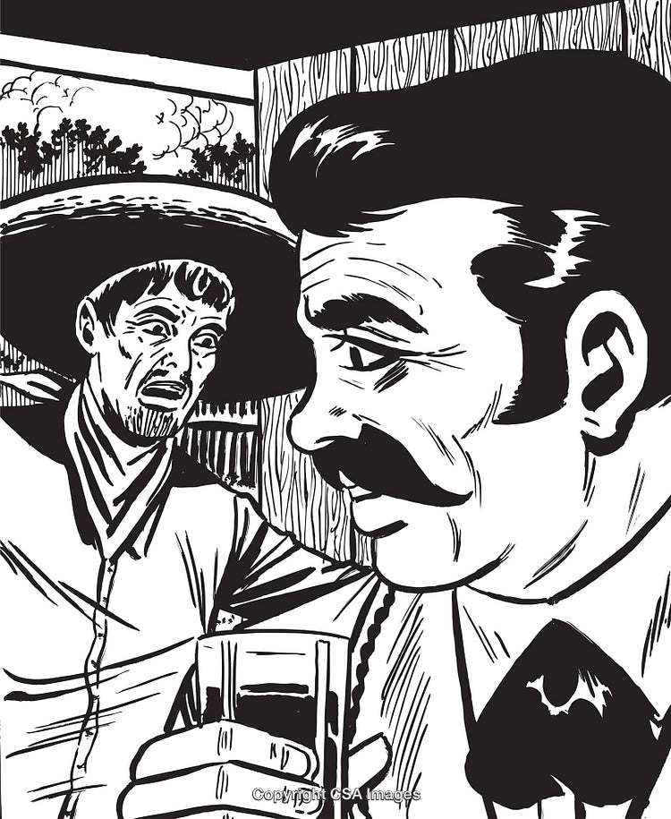 Black and White Artwork Depicting Two Men in Western-Themed Setting
