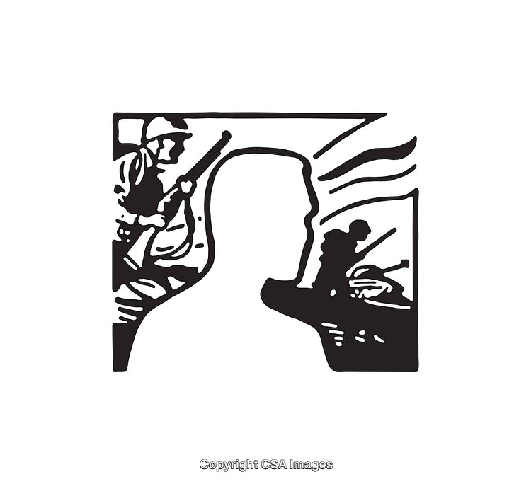 Black and White Line Art Depicting War and Human Reflection