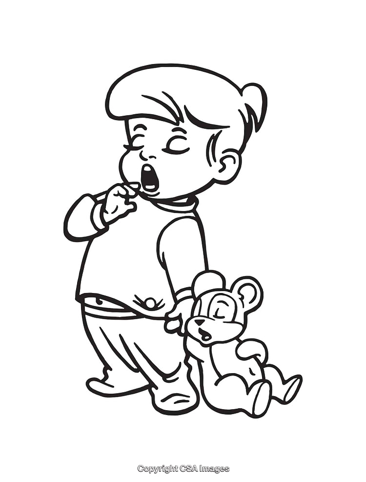 Yawning Child Holding a Teddy Bear in Black and White Line Art