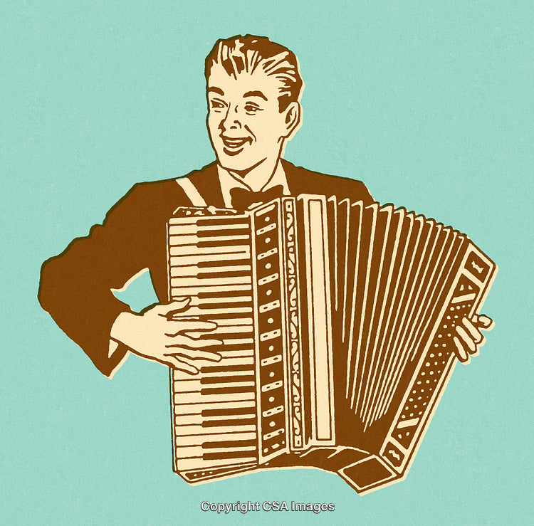 Retro Illustration of a Smiling Man Playing an Accordion on Turquoise Background