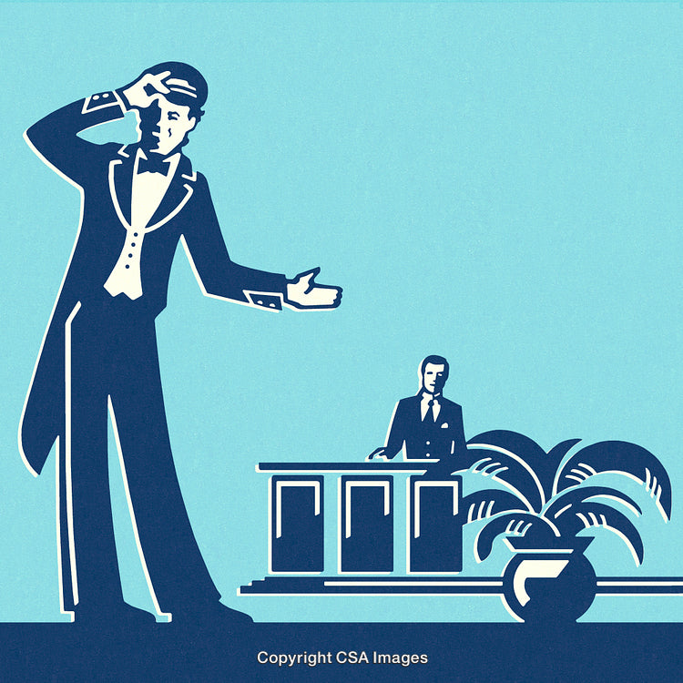 Retro Illustration of Waiter and Receptionist in Elegant Setting