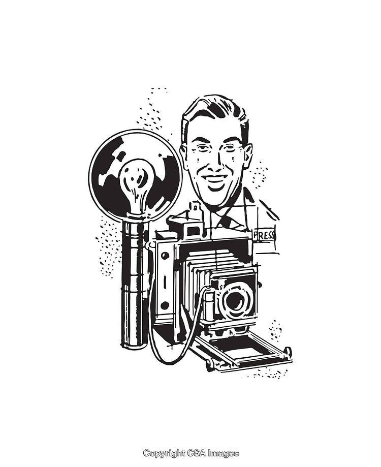 Vintage Black and White Illustration of a Photographer and Camera